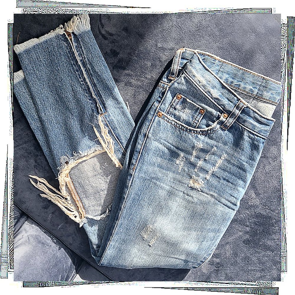 Free People Blue Boyfriend Jeans Distressed Denim
